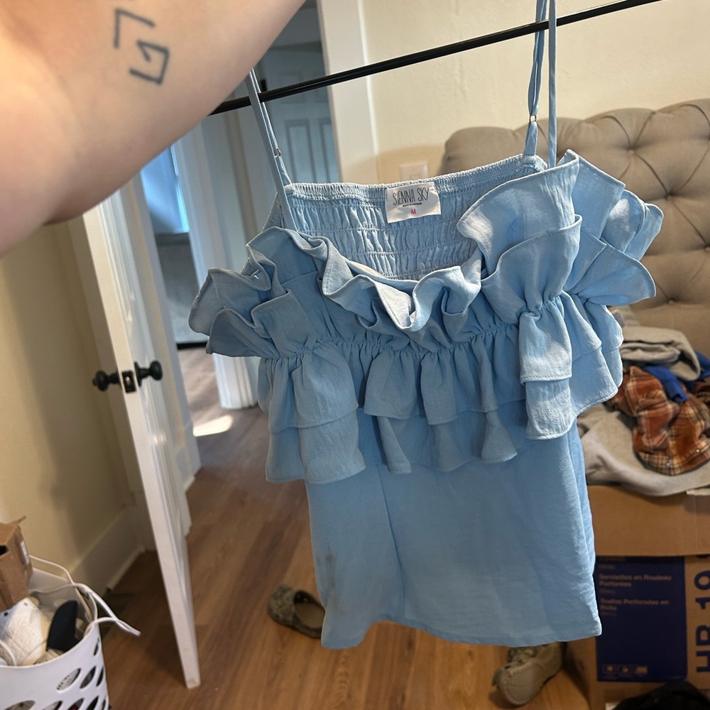 Light Blue Ruffled Sleeveless Top
